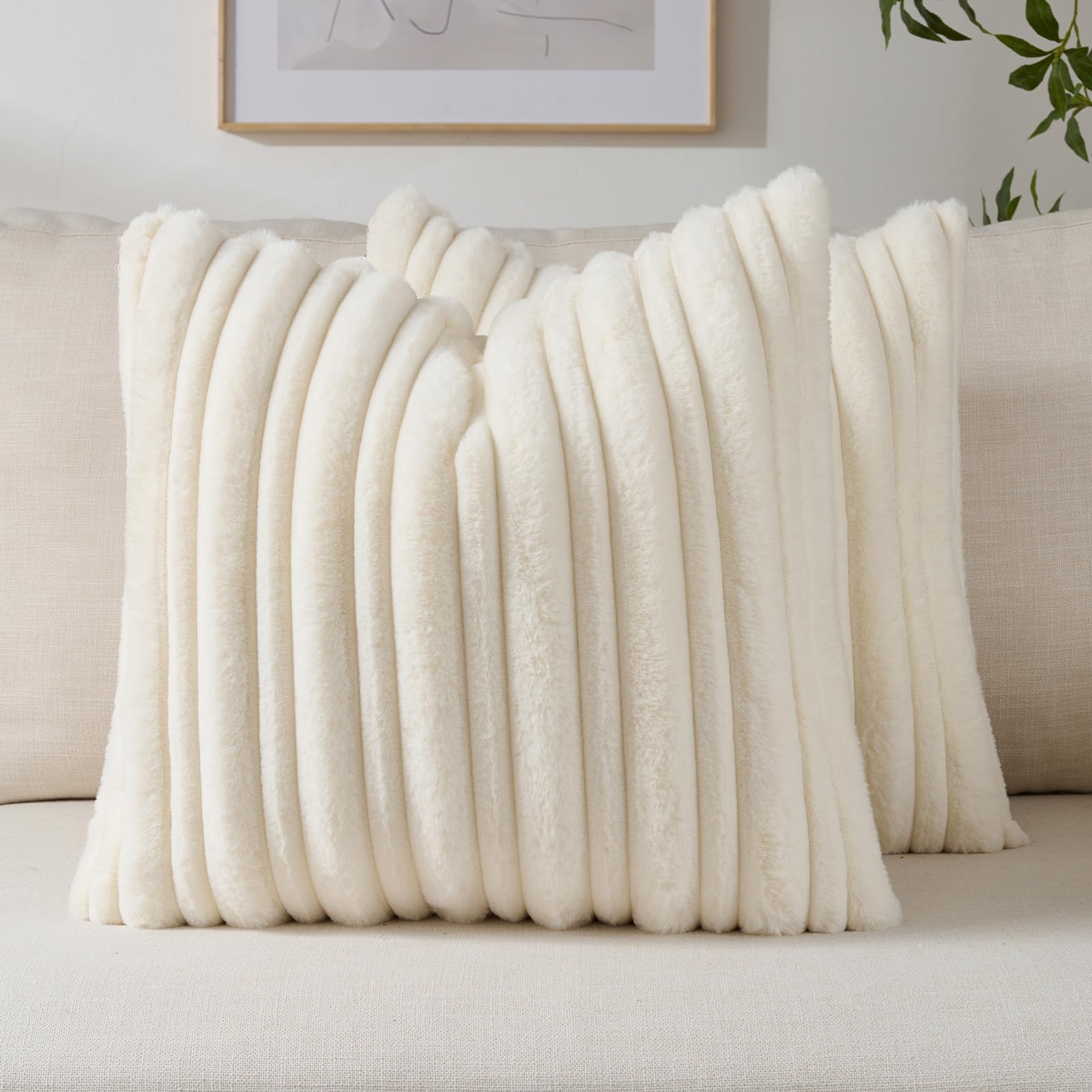 FUTEI Camel Decorative Throw Pillow Covers 18x18 Inch Set of 2,Soft Fluffy Faux Rabbit Fur Thick & Thin Striped Textured Cushion Case,Modern Home Decor for Couch Bed Living Room