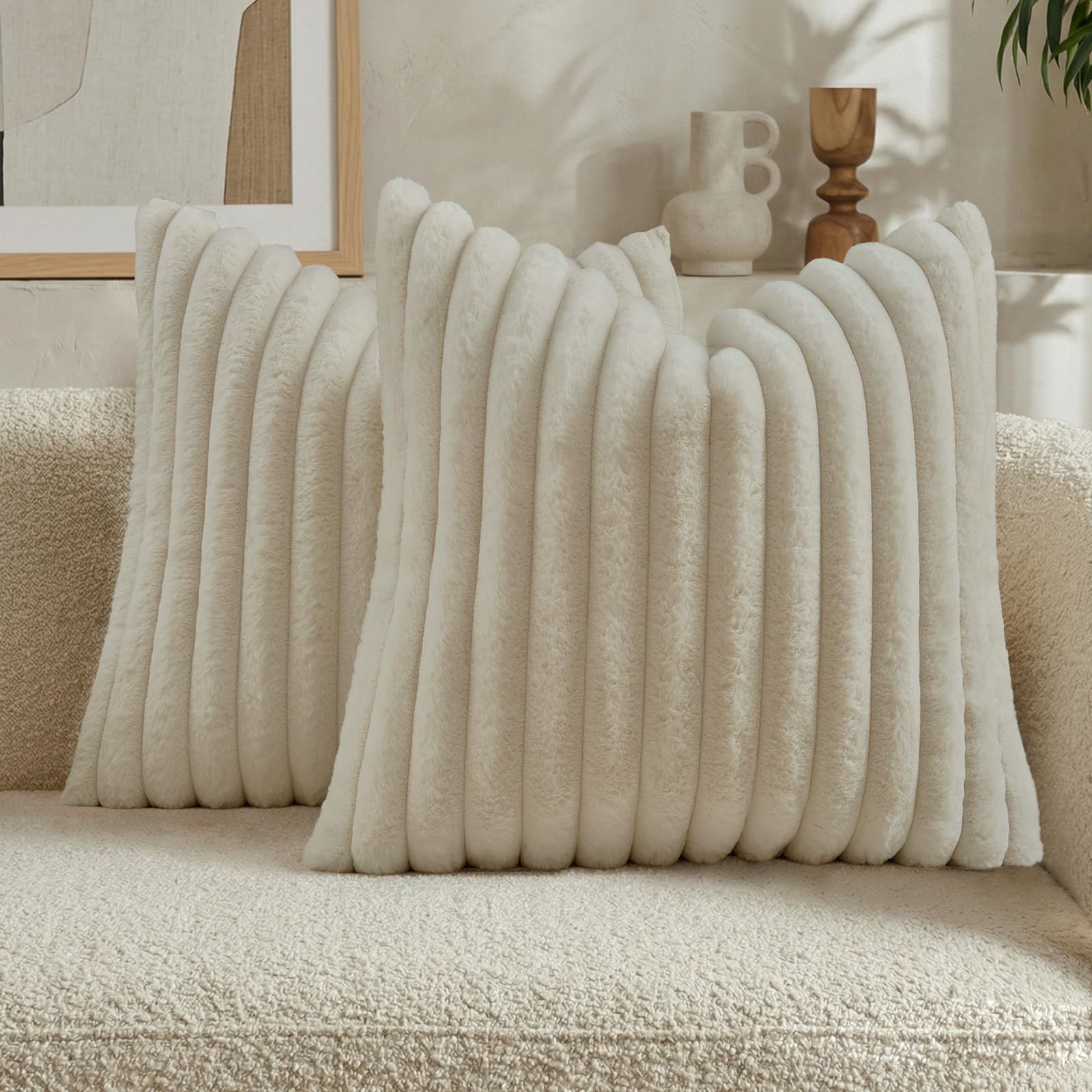 FUTEI Pack of 2 Solid Faux Fur Plush Throw Pillow Covers 18x18 Inch Soft Fluffy Striped Decorative Cushion Cases Modern Farmhouse Accent for Couch Bed Living Room, Cream White