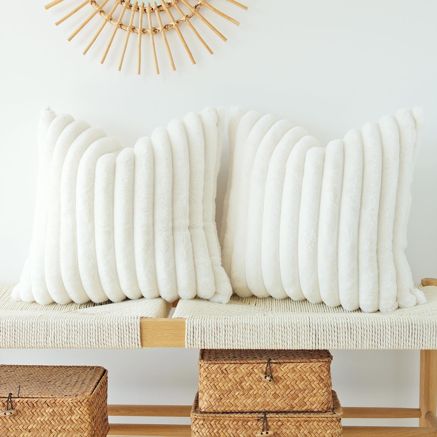 JOJUSIS Pack of 2 Faux Fur Plush Decorative Throw Pillow Covers Couch Cushion Case Soft Pillowcases (Beige, 18 x 18 Inch)