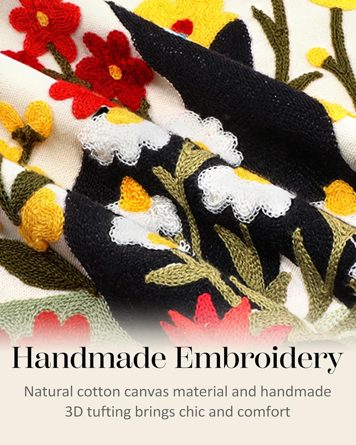 Embroidered Throw Pillow Cover - 18x18 Decorative Pillow Cover with Zipper Aesthetic Cute Design Boho Spring Summer Throw Pillowcase for Living Room Couch Sofa Bed, Flower Cats