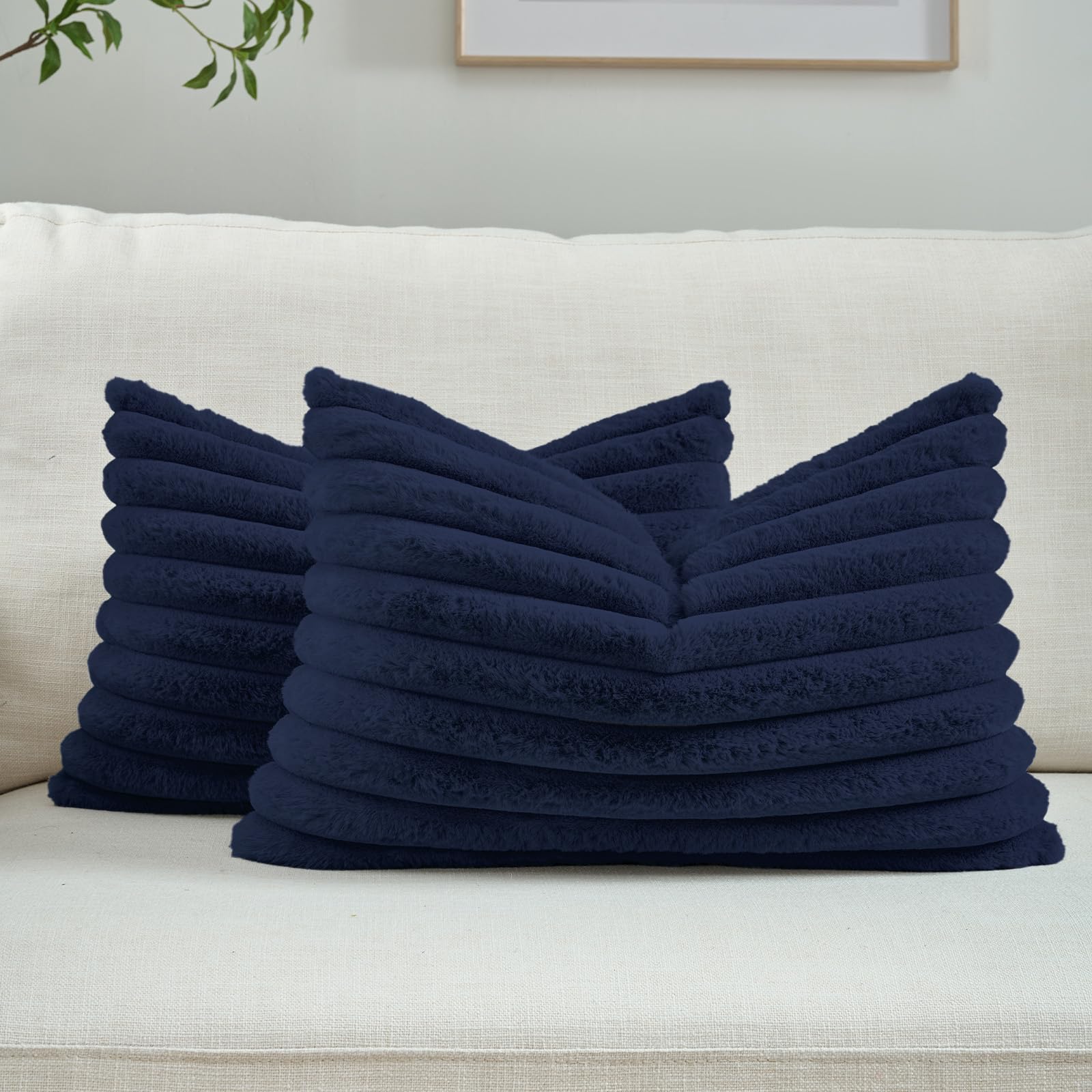 FUTEI Pack of 2 Solid Faux Fur Plush Throw Pillow Covers 18x18 Inch Soft Fluffy Striped Decorative Cushion Cases Modern Farmhouse Accent for Couch Bed Living Room, Cream White