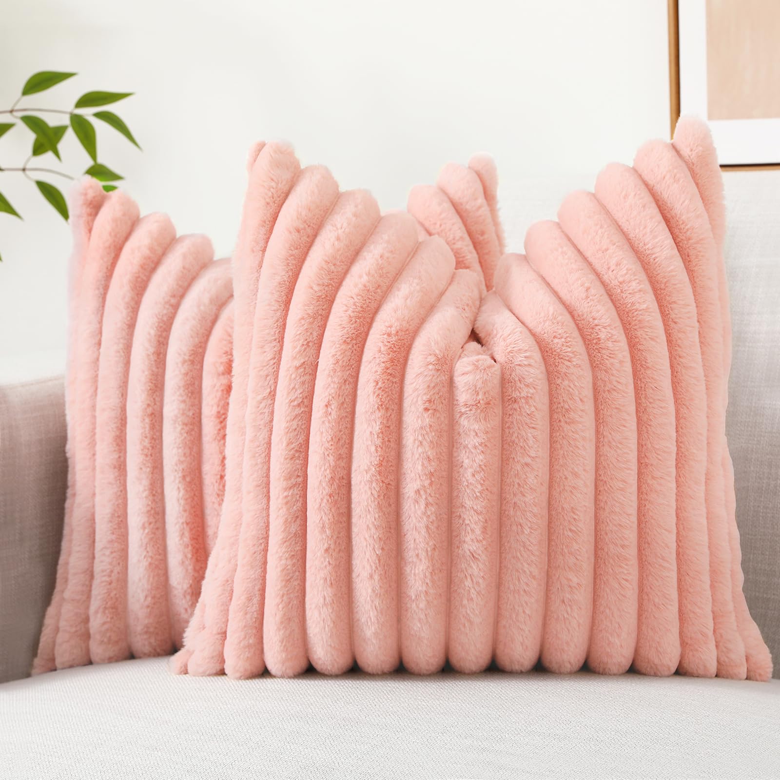 decorUhome Summer Cozy Faux Fur Throw Pillow Covers 18x18 Set of 2 Decorative Soft Plush Striped Modern Farmhouse Boho Couch Pillow Cases with Velvet Back for Sofa Bed Living Room, Cream White