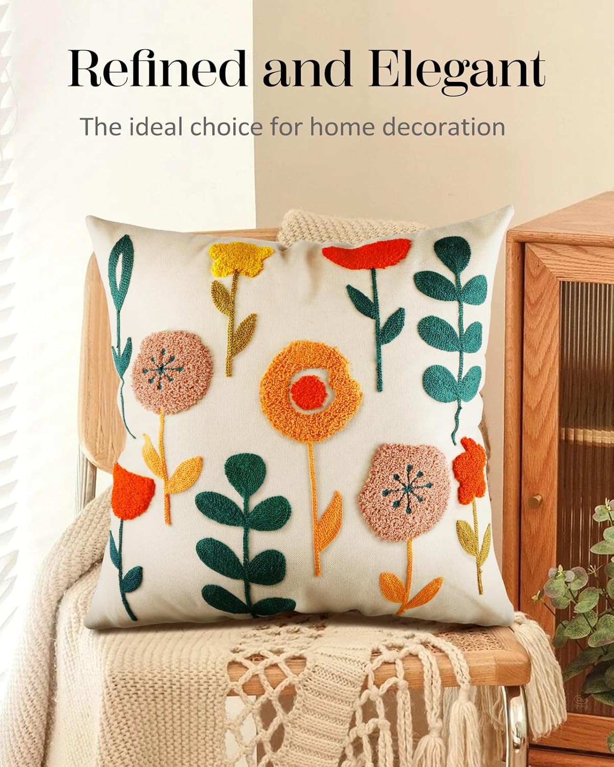 Embroidered Throw Pillow Cover - 18x18 Decorative Pillow Cover with Zipper Aesthetic Cute Design Boho Spring Summer Cozy Throw Pillowcase for Living Room Couch Sofa Bed, Plants