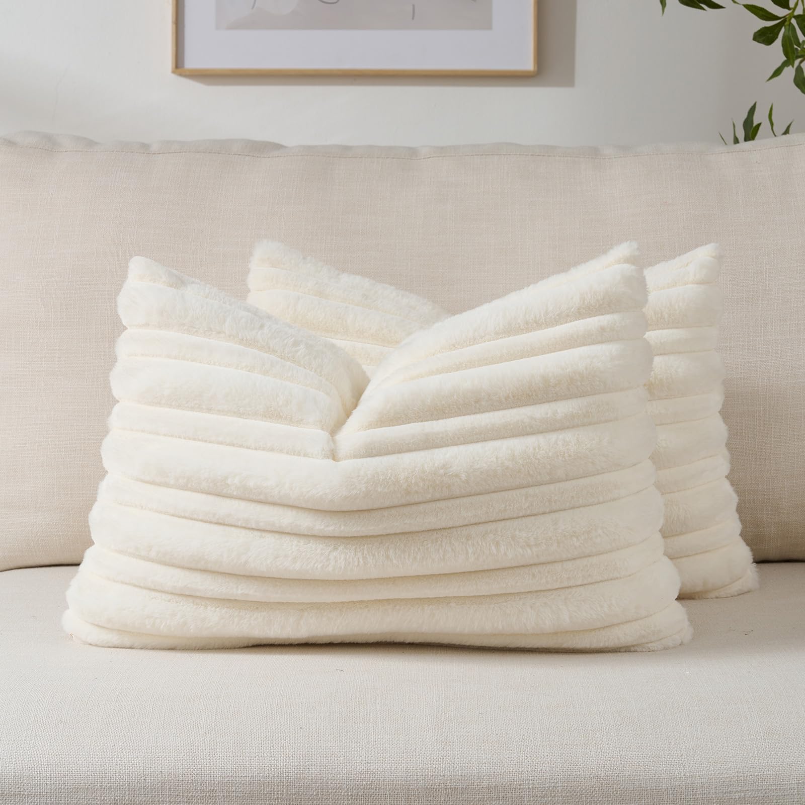 FUTEI Camel Decorative Throw Pillow Covers 18x18 Inch Set of 2,Soft Fluffy Faux Rabbit Fur Thick & Thin Striped Textured Cushion Case,Modern Home Decor for Couch Bed Living Room