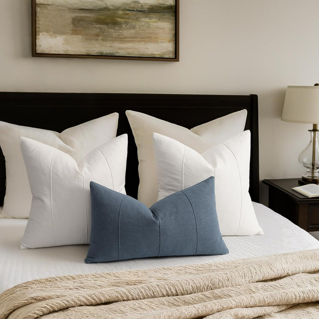 Decorative Linen Throw Pillow Covers 22x22 Set of 2 Solid handcrafted Striped Cushion Covers for Bed Soft Modern Farmhouse Neutral Pillowcase for Couch Bedroom Living Room Home Decor(Cream White)