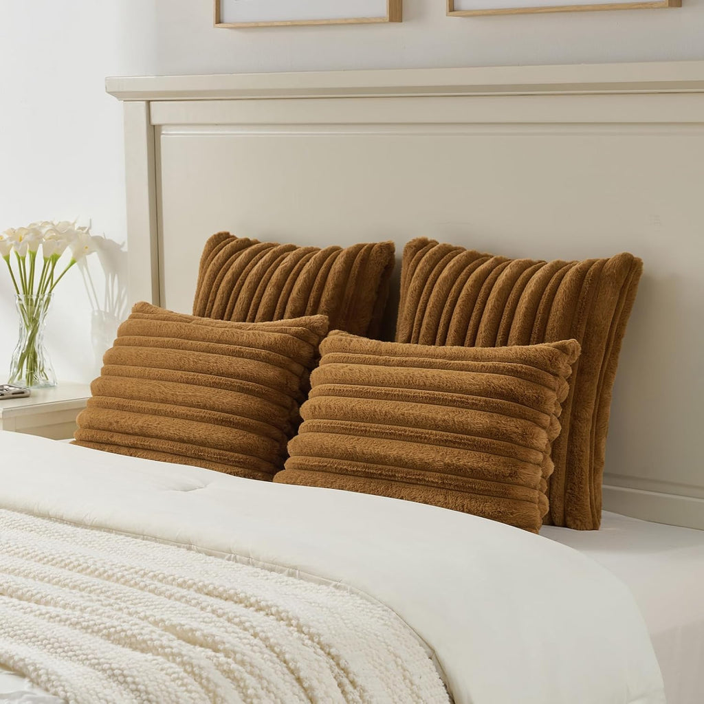 FUTEI Camel Decorative Throw Pillow Covers 18x18 Inch Set of 2,Soft Fluffy Faux Rabbit Fur Thick & Thin Striped Textured Cushion Case,Modern Home Decor for Couch Bed Living Room