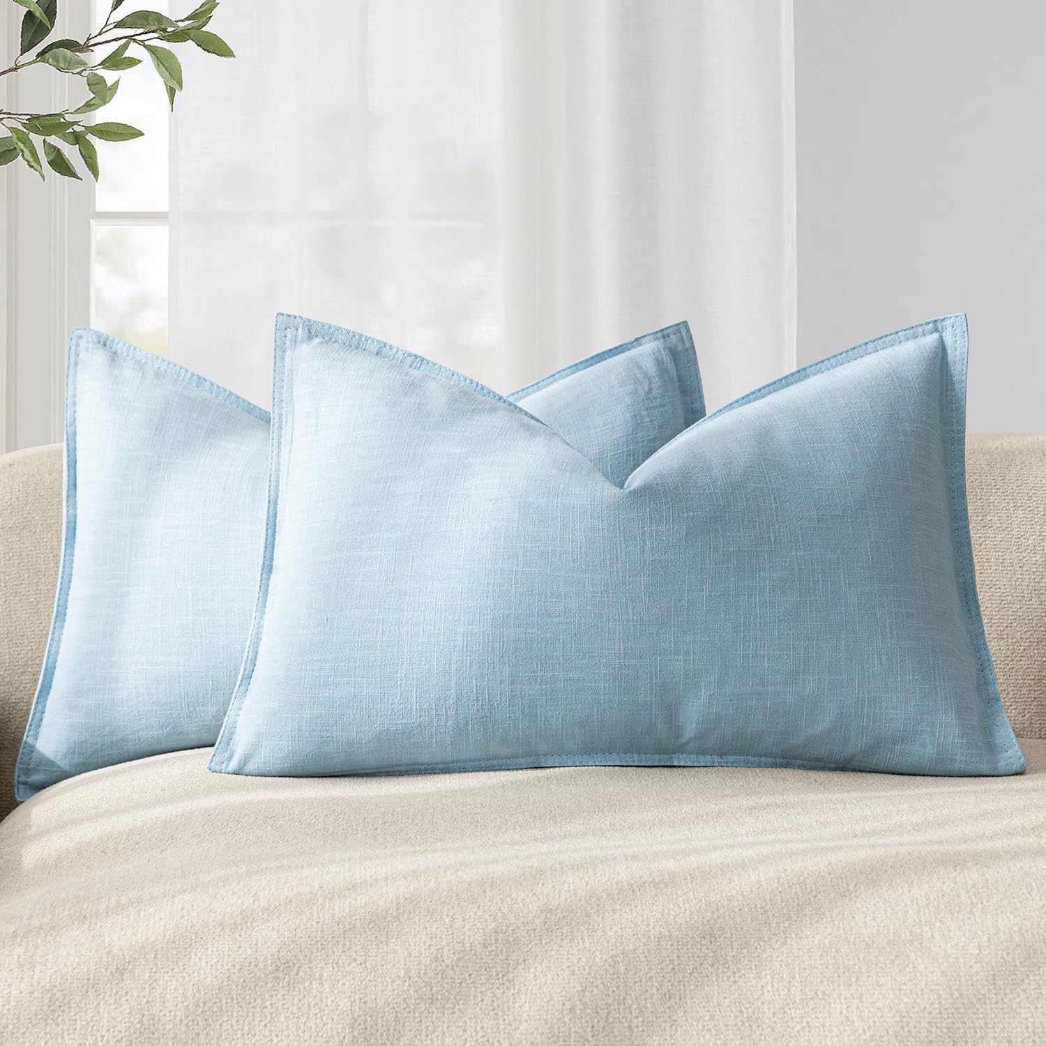 Foindtower Set of 2, Decorative Linen Soild Throw Pillow Covers Soft Accent Cushion Euro Case Boho Farmhouse Pillowcase for Chair Couch Sofa Bedroom Living Room Home Decor 20 x 20 Inch Natural Linen