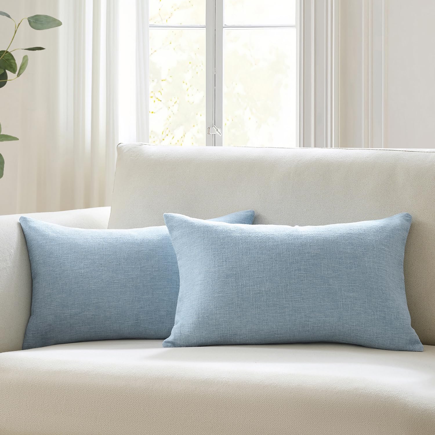 Meekio Set of 2 Ivory Throw Pillow Covers 22x22, Modern Farmhouse Linen Blend Decorative Pillow Covers for Couch Sofa Bed, Neutral Home Decor