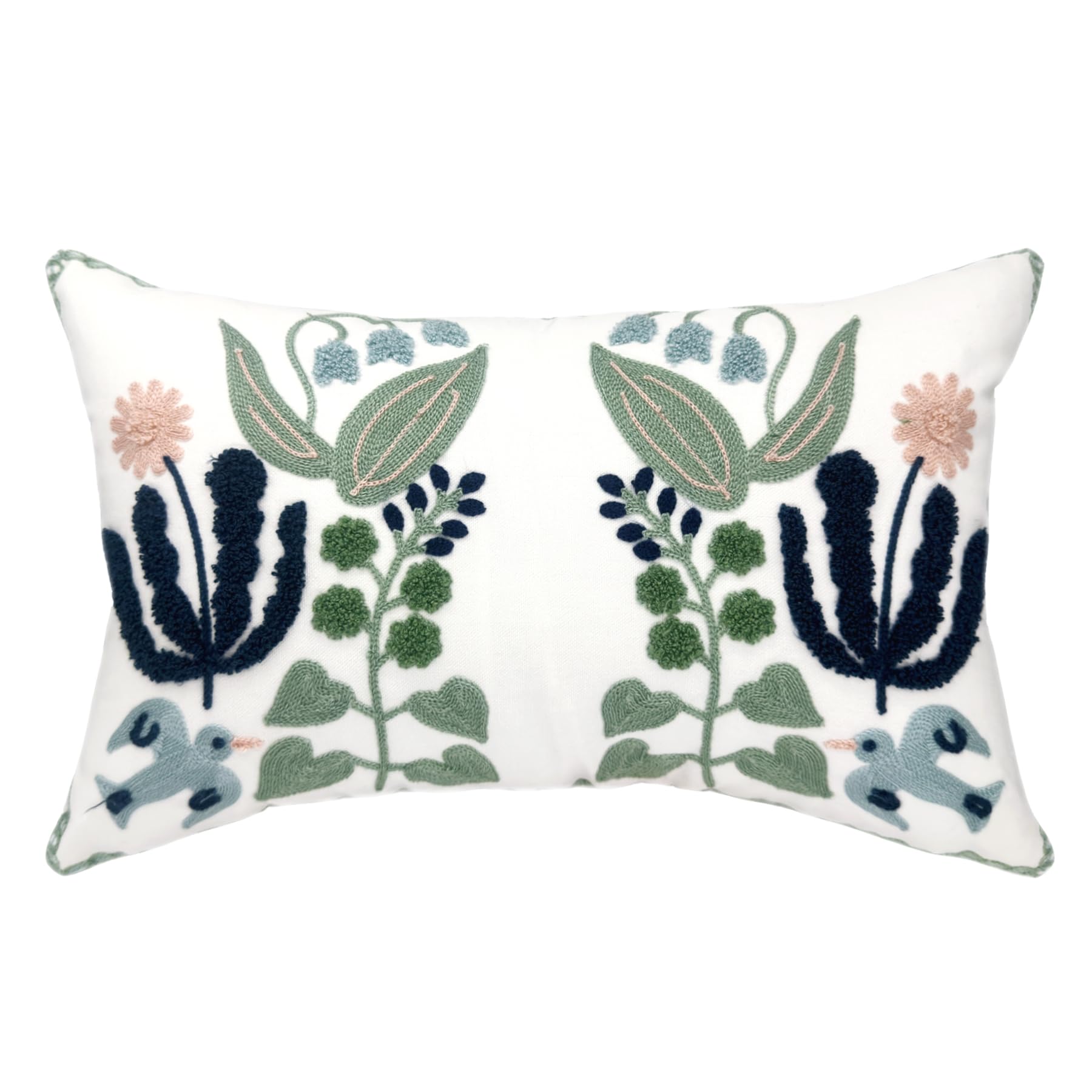Alysheer Spring Floral Embroidered Decorative Throw Pillow Covers 18"x 18" Set of 2, Farmhouse Navy Blue Flowers Green Leaves Tufted Patterned Cotton Cushion Cases for Couch Bed Living Room Decor