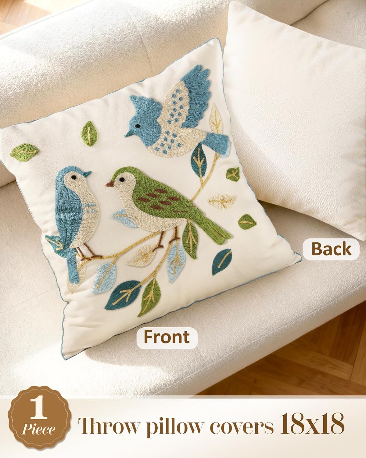 Embroidered Throw Pillow Cover 18x18 Inch - Spring Boho Decorative Pillow Covers with Zipper for Couch Sofa Bedroom Living Room Cushion Pillowcase, Birds Leaves