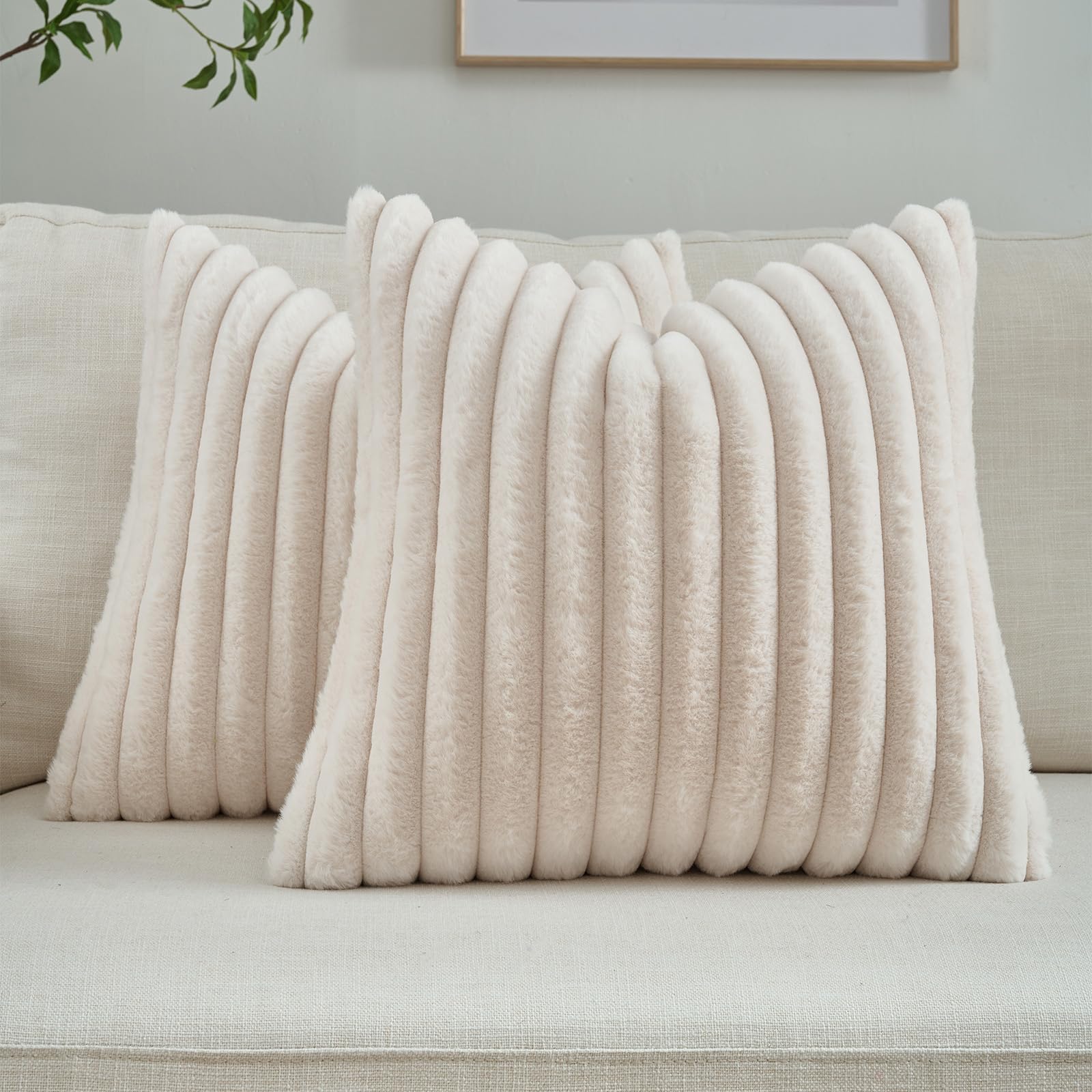 FUTEI Pack of 2 Solid Faux Fur Plush Throw Pillow Covers 18x18 Inch Soft Fluffy Striped Decorative Cushion Cases Modern Farmhouse Accent for Couch Bed Living Room, Cream White