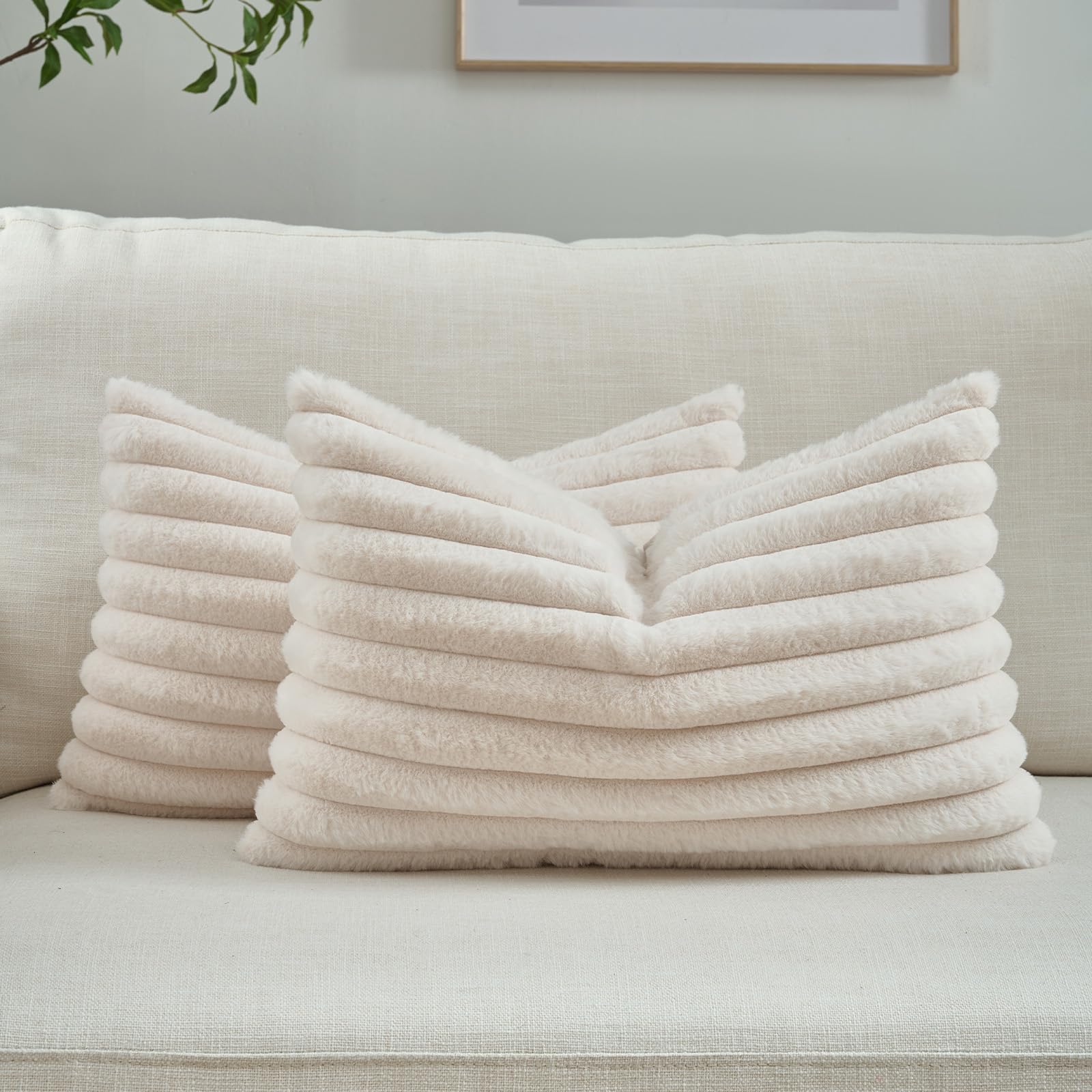FUTEI Pack of 2 Solid Faux Fur Plush Throw Pillow Covers 18x18 Inch Soft Fluffy Striped Decorative Cushion Cases Modern Farmhouse Accent for Couch Bed Living Room, Cream White