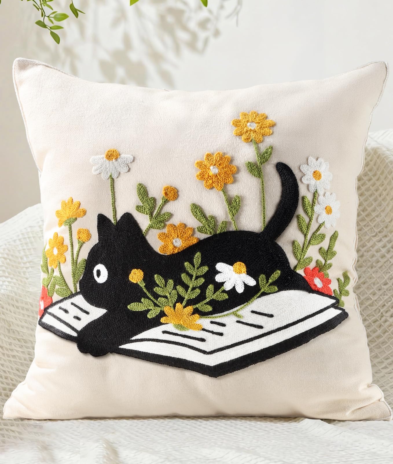 Embroidered Throw Pillow Cover 18x18 Inch - Spring Boho Decorative Pillow Covers with Zipper for Couch Sofa Bedroom Living Room Cushion Pillowcase, Birds Leaves