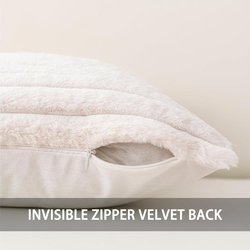 Aegero Pack of 2 Faux Fur Christmas Throw Pillow Covers 18x18 Inch, Soft Plush Striped Neutral Couch Pillow Cover, with Velvet Back Modern Home Decor for Sofa Living Room Couch Bed Cream White