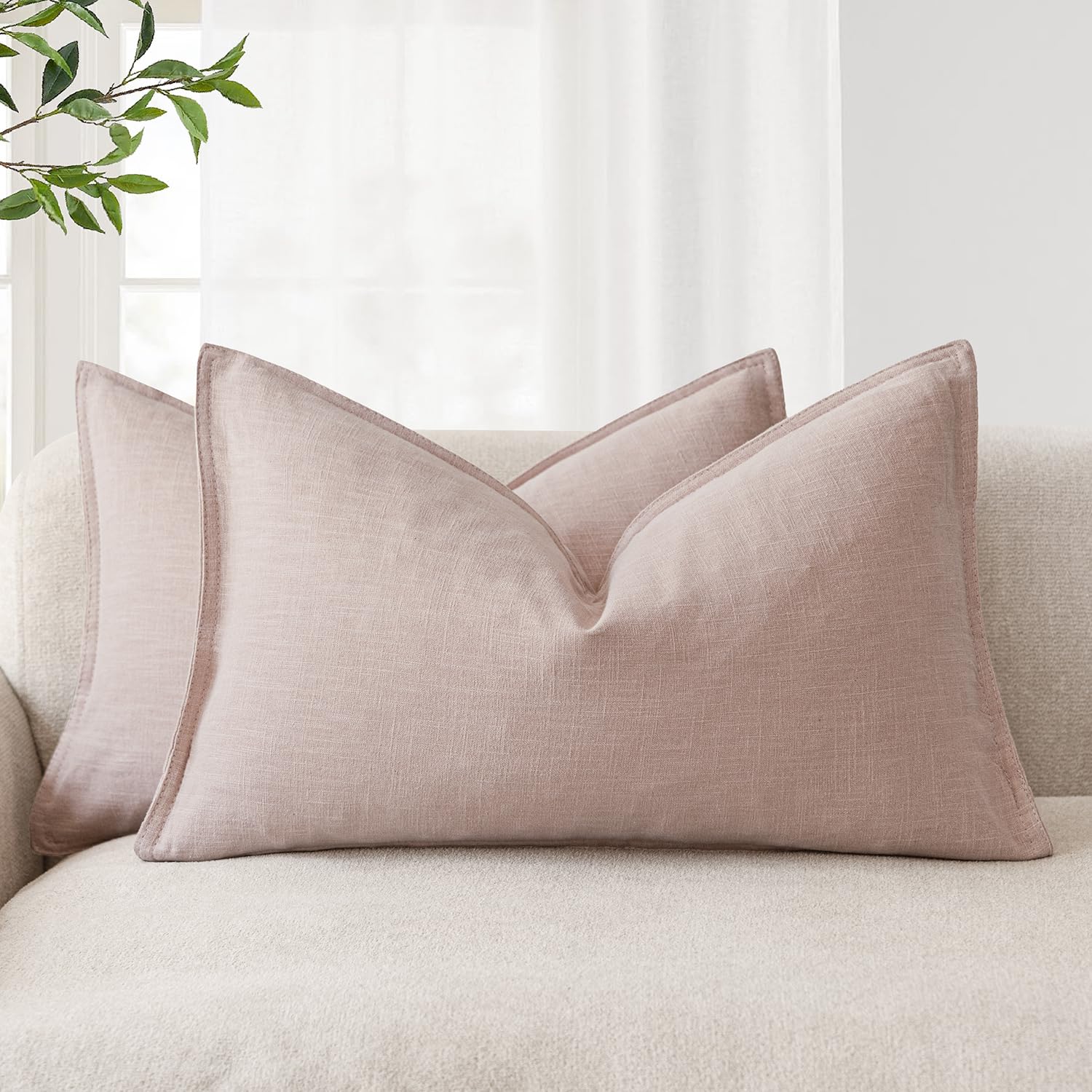 Foindtower Set of 2, Decorative Linen Soild Throw Pillow Covers Soft Accent Cushion Euro Case Boho Farmhouse Pillowcase for Chair Couch Sofa Bedroom Living Room Home Decor 20 x 20 Inch Natural Linen