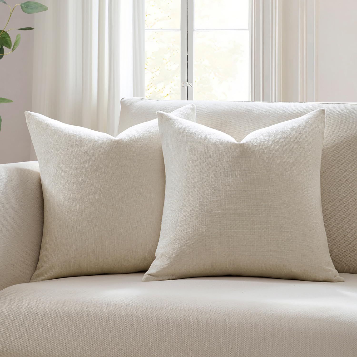 Meekio Set of 2 Ivory Throw Pillow Covers 22x22, Modern Farmhouse Linen Blend Decorative Pillow Covers for Couch Sofa Bed, Neutral Home Decor