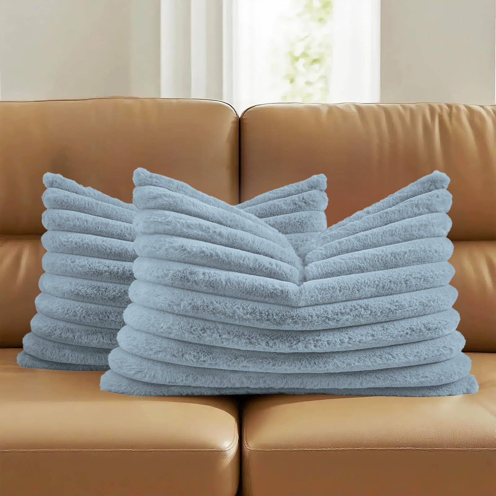 FUTEI Pack of 2 Solid Faux Fur Plush Throw Pillow Covers 18x18 Inch Soft Fluffy Striped Decorative Cushion Cases Modern Farmhouse Accent for Couch Bed Living Room, Cream White