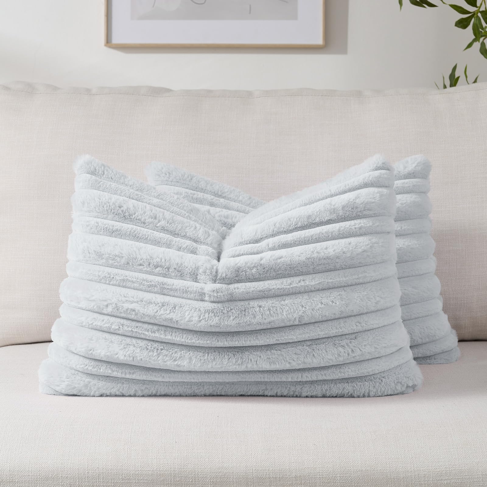 FUTEI Camel Decorative Throw Pillow Covers 18x18 Inch Set of 2,Soft Fluffy Faux Rabbit Fur Thick & Thin Striped Textured Cushion Case,Modern Home Decor for Couch Bed Living Room