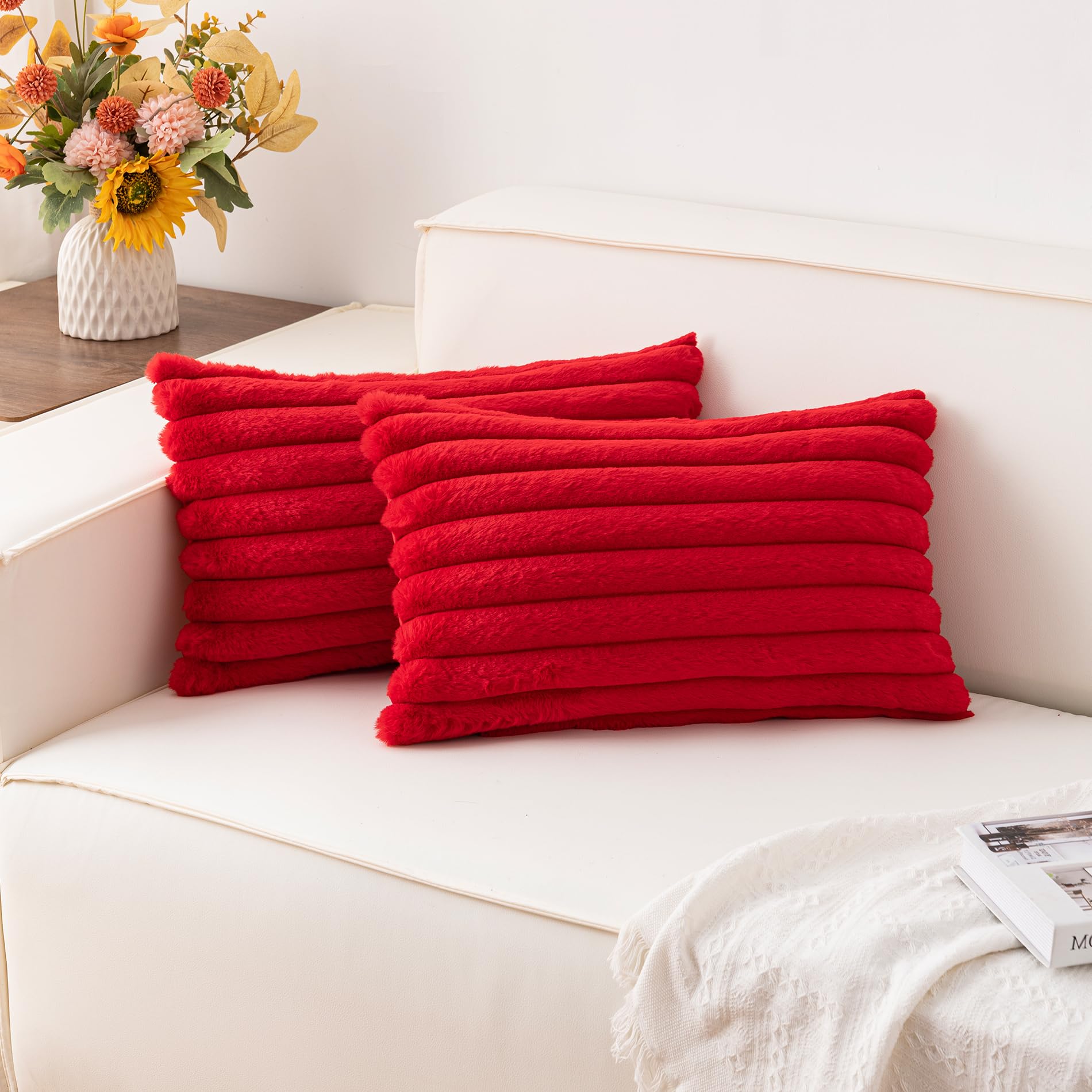 Aegero Pack of 2 Faux Fur Christmas Throw Pillow Covers 18x18 Inch, Soft Plush Striped Neutral Couch Pillow Cover, with Velvet Back Modern Home Decor for Sofa Living Room Couch Bed Cream White