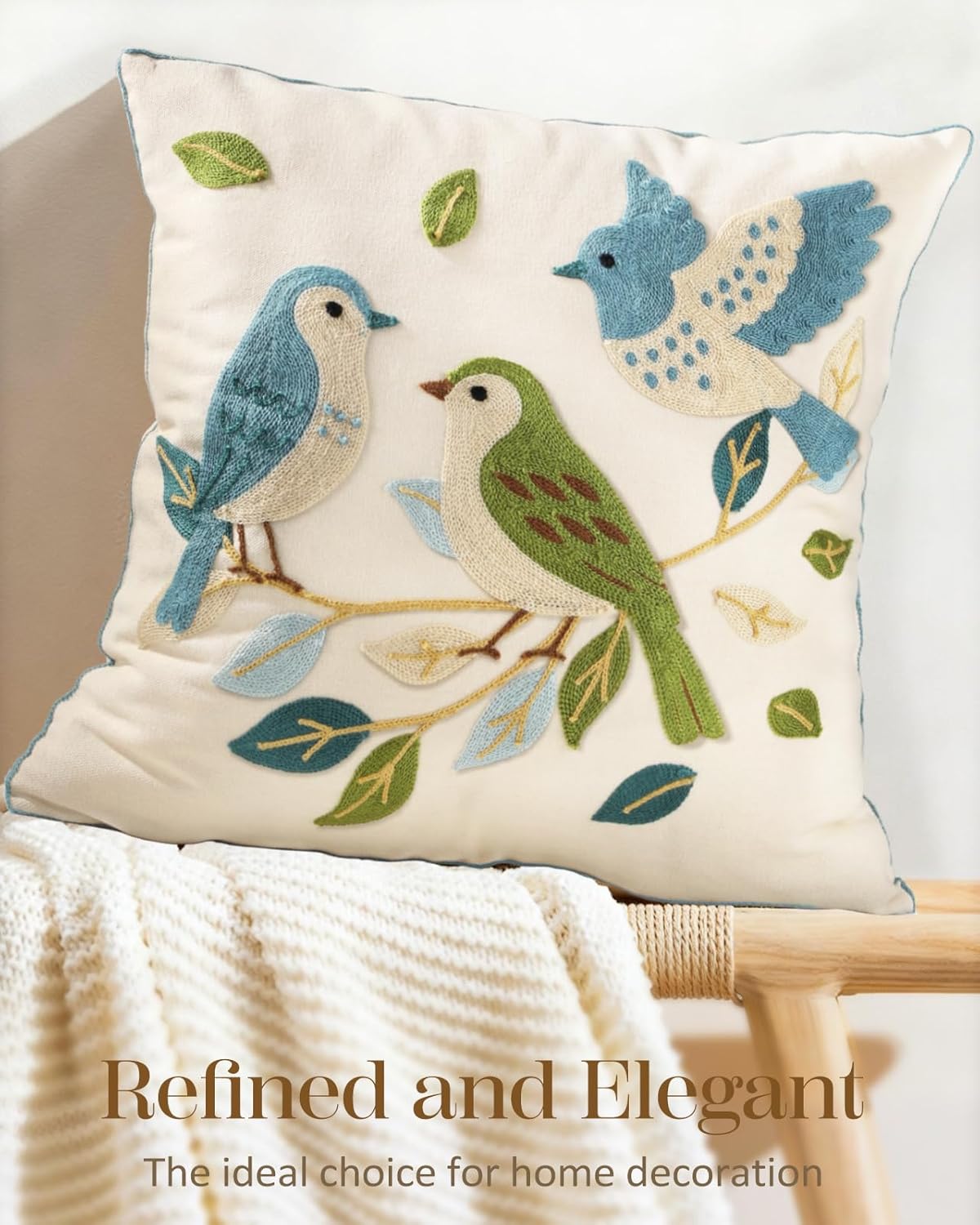 Embroidered Throw Pillow Cover 18x18 Inch - Spring Boho Decorative Pillow Covers with Zipper for Couch Sofa Bedroom Living Room Cushion Pillowcase, Birds Leaves