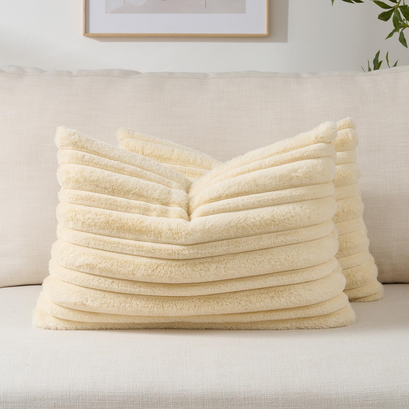 FUTEI Camel Decorative Throw Pillow Covers 18x18 Inch Set of 2,Soft Fluffy Faux Rabbit Fur Thick & Thin Striped Textured Cushion Case,Modern Home Decor for Couch Bed Living Room