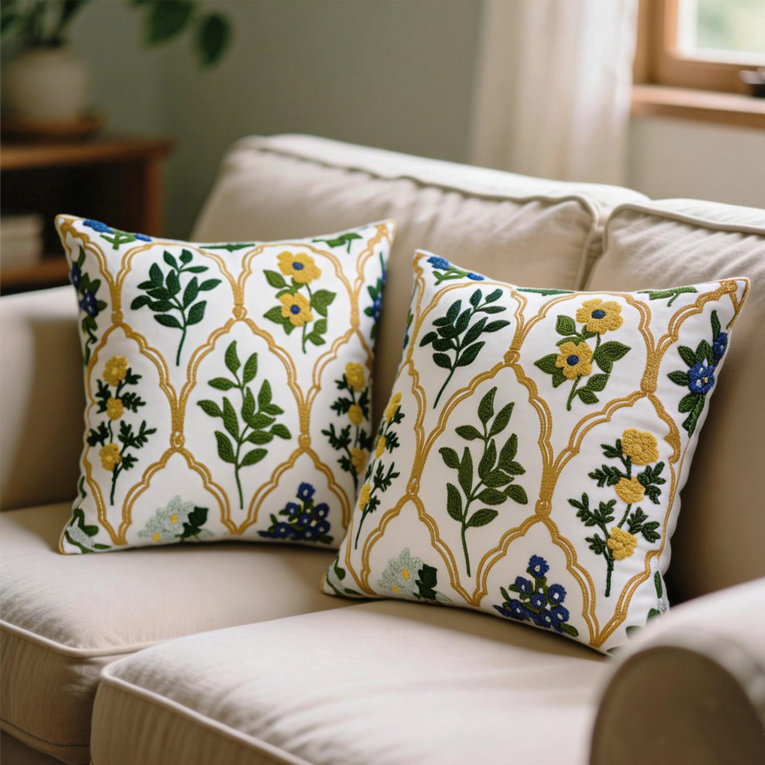 Alysheer Spring Floral Embroidered Decorative Throw Pillow Covers 18"x 18" Set of 2, Farmhouse Navy Blue Flowers Green Leaves Tufted Patterned Cotton Cushion Cases for Couch Bed Living Room Decor