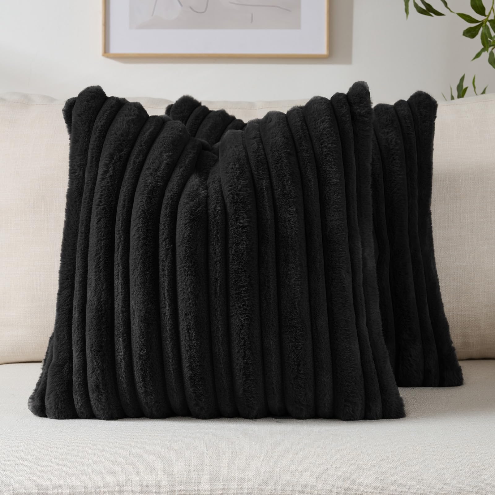 FUTEI Camel Decorative Throw Pillow Covers 18x18 Inch Set of 2,Soft Fluffy Faux Rabbit Fur Thick & Thin Striped Textured Cushion Case,Modern Home Decor for Couch Bed Living Room