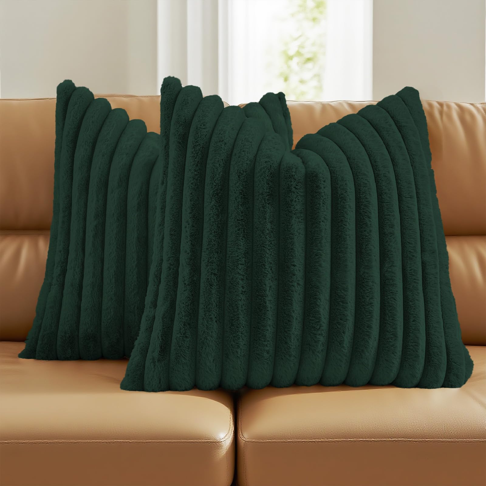FUTEI Pack of 2 Solid Faux Fur Plush Throw Pillow Covers 18x18 Inch Soft Fluffy Striped Decorative Cushion Cases Modern Farmhouse Accent for Couch Bed Living Room, Cream White