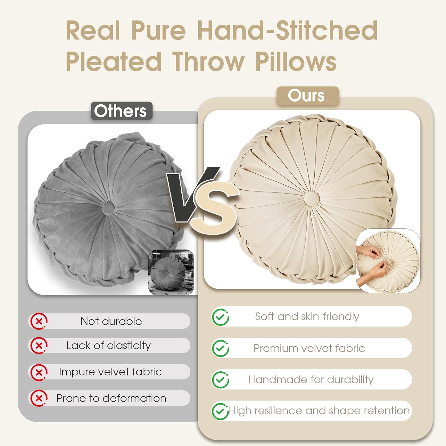 ROSE&RISY Round Pleated Velvet Throw Pillow, 1 Pack Decorative Accent Pumpkin Pillow Cushion for Couch Sofa Chair Bed Car Home Decor (14.5 Inch, Cream)