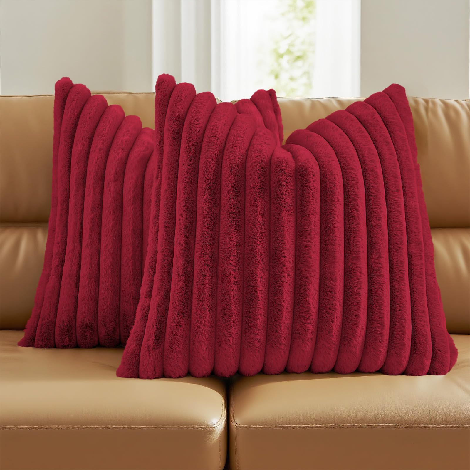 FUTEI Pack of 2 Solid Faux Fur Plush Throw Pillow Covers 18x18 Inch Soft Fluffy Striped Decorative Cushion Cases Modern Farmhouse Accent for Couch Bed Living Room, Cream White