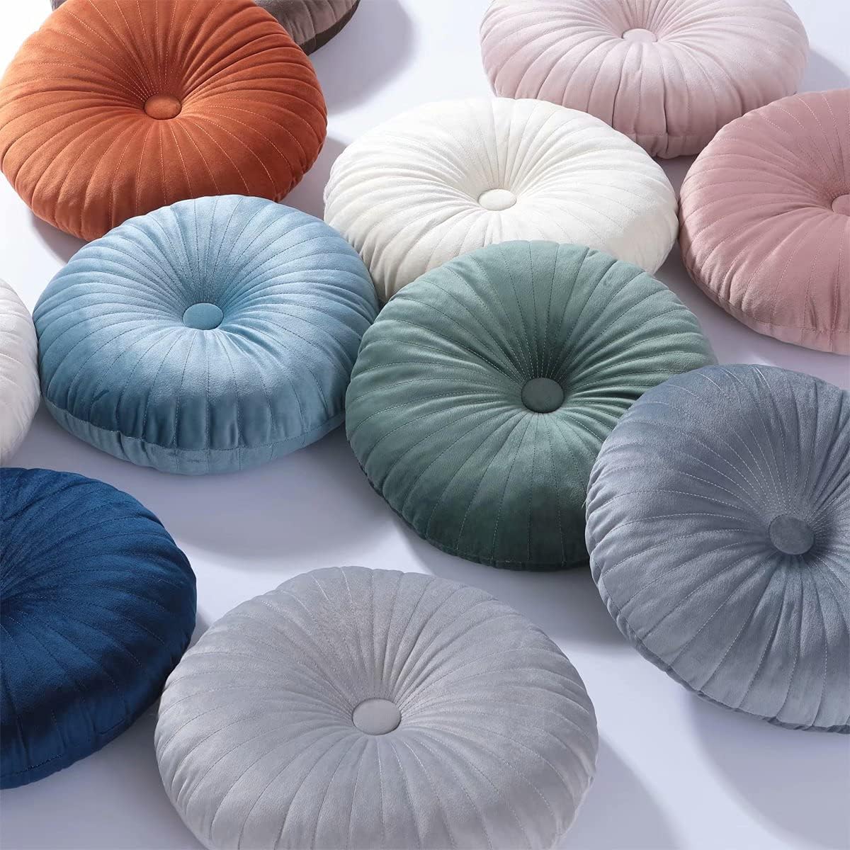 HLOVME Round Pillow Cushion for Couch Velvet Decorative Small Throw Pillow Solid Color for Living Room Bed Floor 13.7”, Green