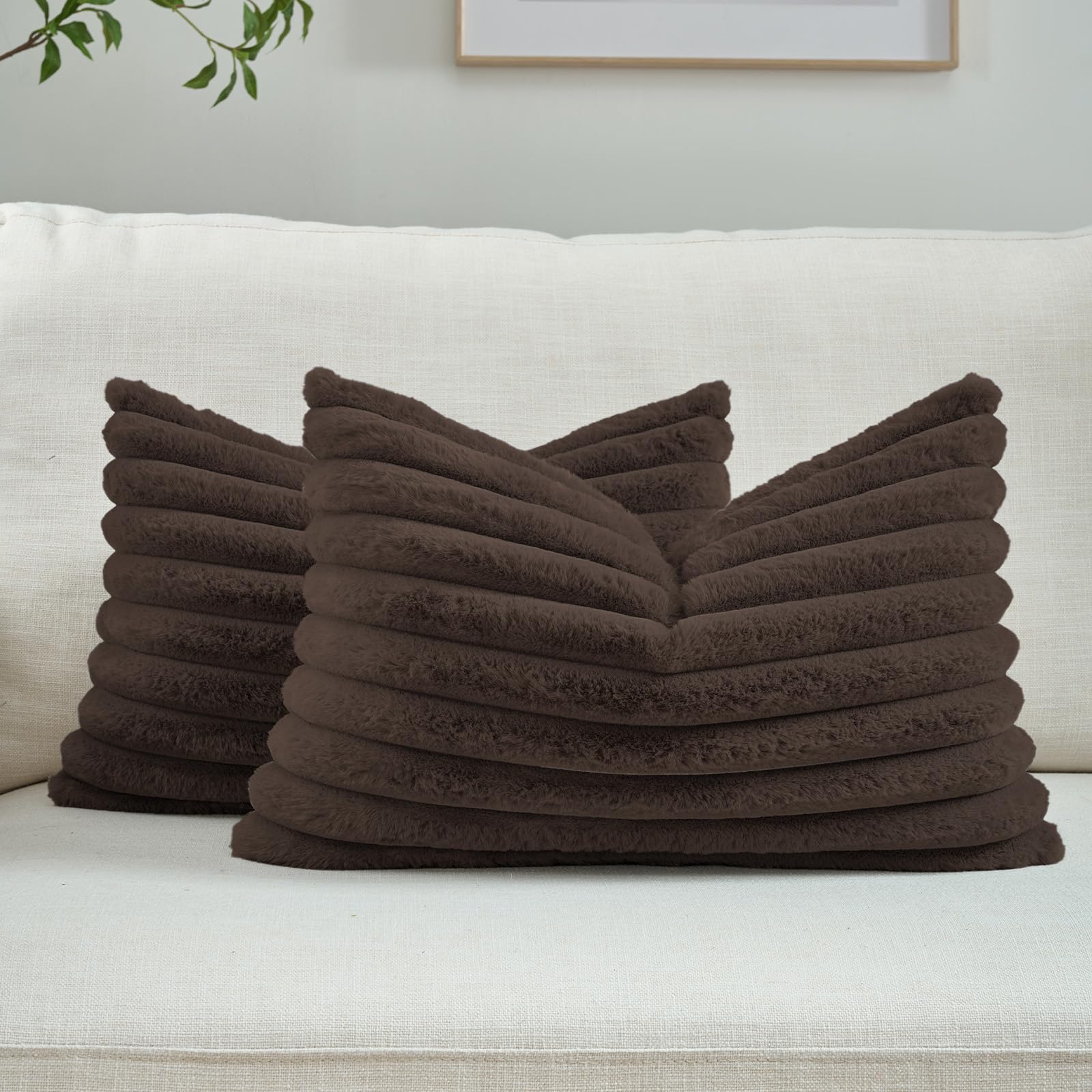 FUTEI Pack of 2 Solid Faux Fur Plush Throw Pillow Covers 18x18 Inch Soft Fluffy Striped Decorative Cushion Cases Modern Farmhouse Accent for Couch Bed Living Room, Cream White