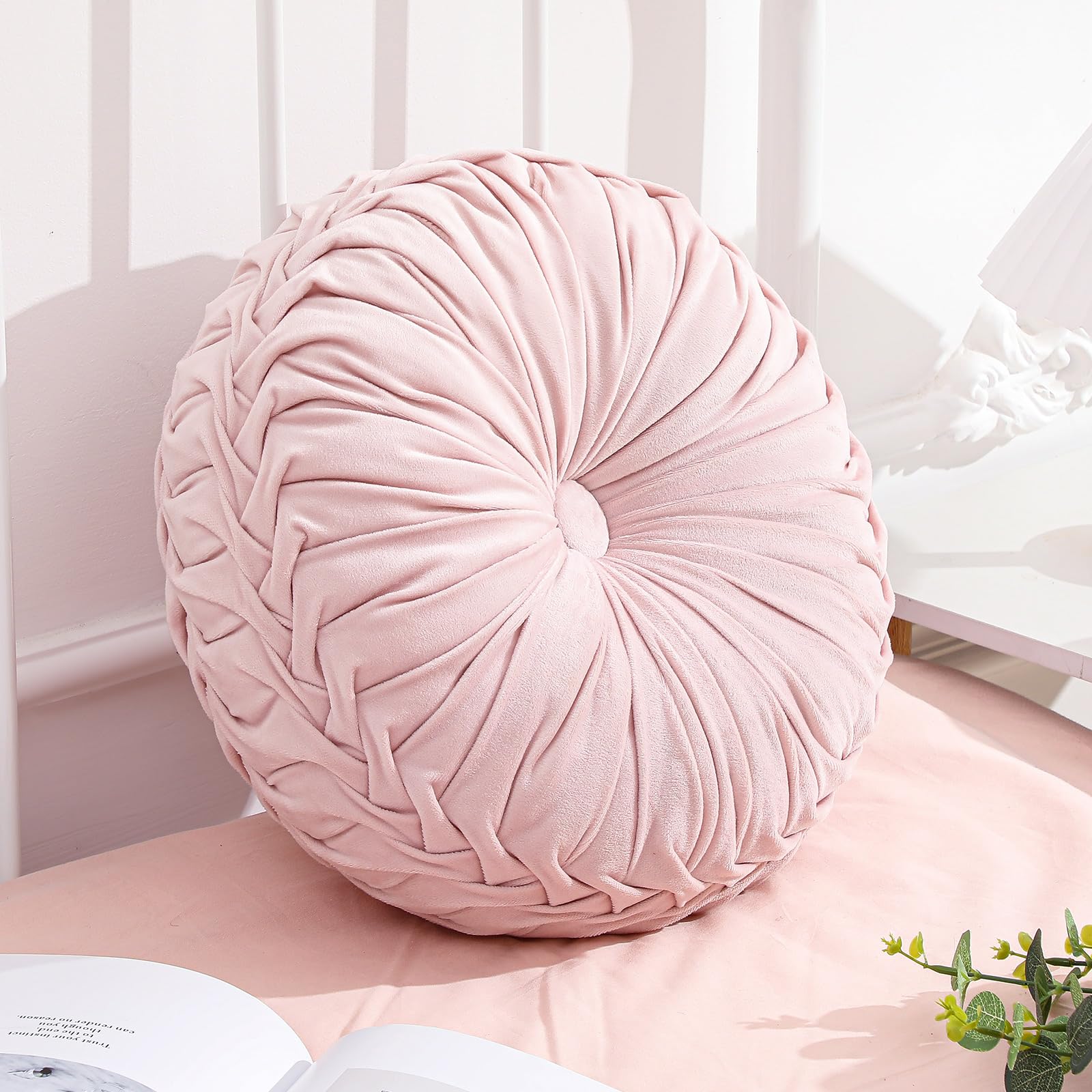 Drydiet 1 Pcs Round Throw Velvet Pillows Decorative Pleated Throw Pillows 15'' Diameter Accent Pumpkin Boho Chair Cushion for Couch Sofa Home Decoration (Olive Green)