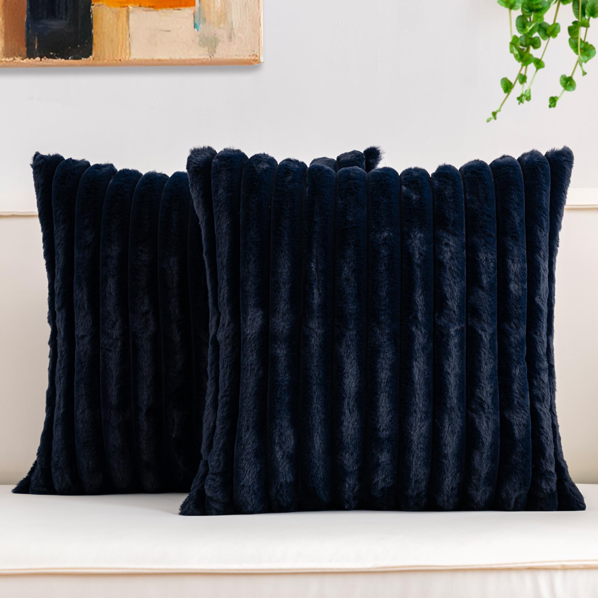 Aegero Pack of 2 Faux Fur Christmas Throw Pillow Covers 18x18 Inch, Soft Plush Striped Neutral Couch Pillow Cover, with Velvet Back Modern Home Decor for Sofa Living Room Couch Bed Cream White