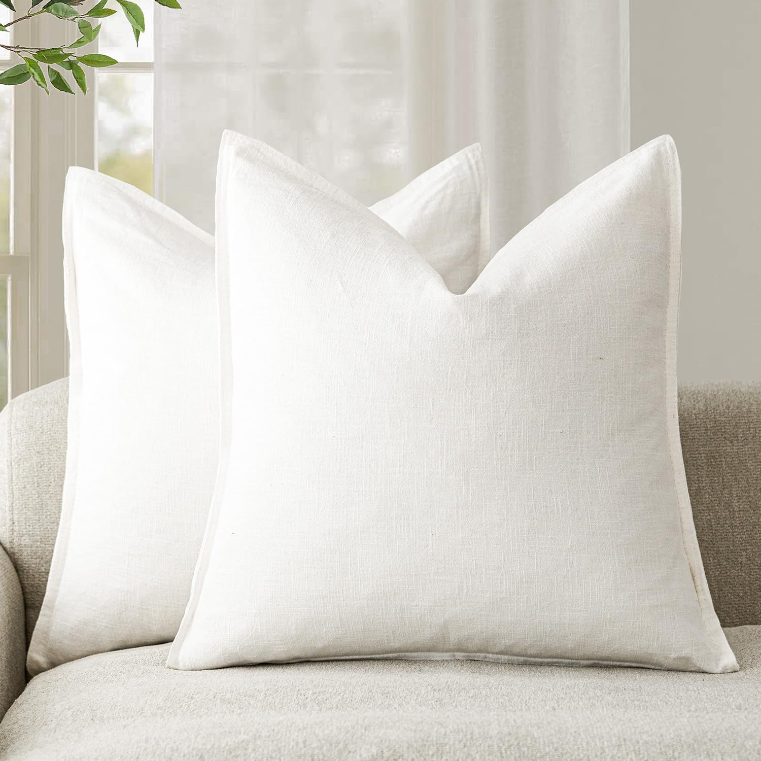 Foindtower Set of 2, Decorative Linen Soild Throw Pillow Covers Soft Accent Cushion Euro Case Boho Farmhouse Pillowcase for Chair Couch Sofa Bedroom Living Room Home Decor 20 x 20 Inch Natural Linen