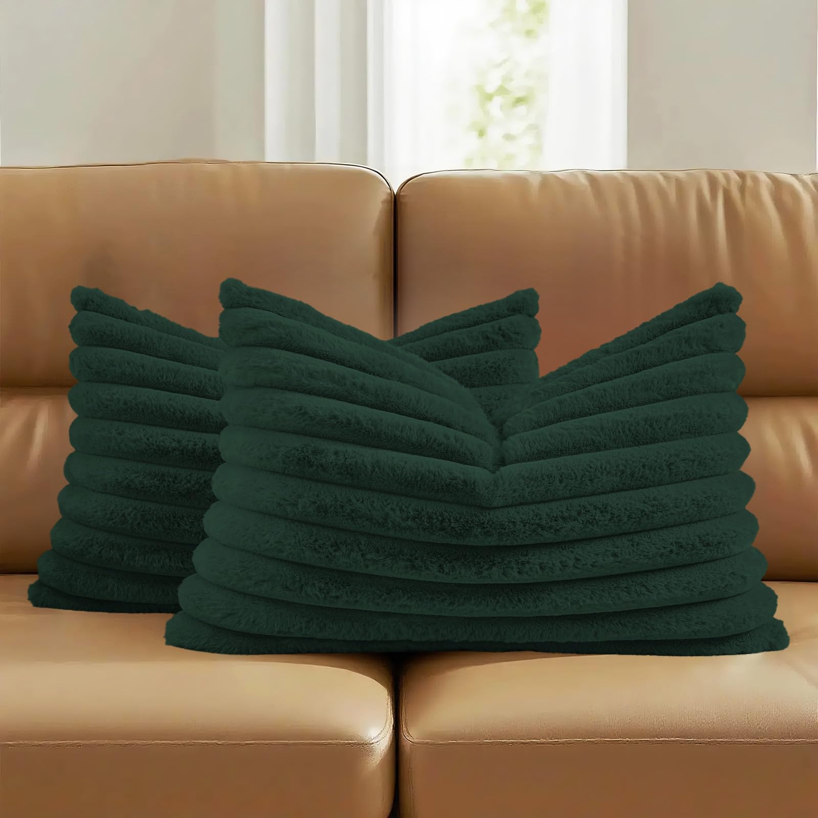 FUTEI Pack of 2 Solid Faux Fur Plush Throw Pillow Covers 18x18 Inch Soft Fluffy Striped Decorative Cushion Cases Modern Farmhouse Accent for Couch Bed Living Room, Cream White