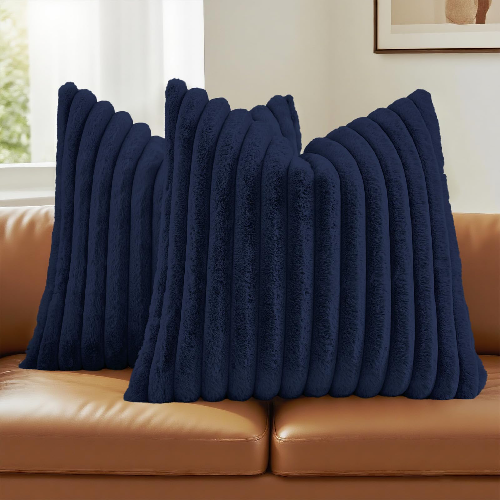 FUTEI Pack of 2 Solid Faux Fur Plush Throw Pillow Covers 18x18 Inch Soft Fluffy Striped Decorative Cushion Cases Modern Farmhouse Accent for Couch Bed Living Room, Cream White