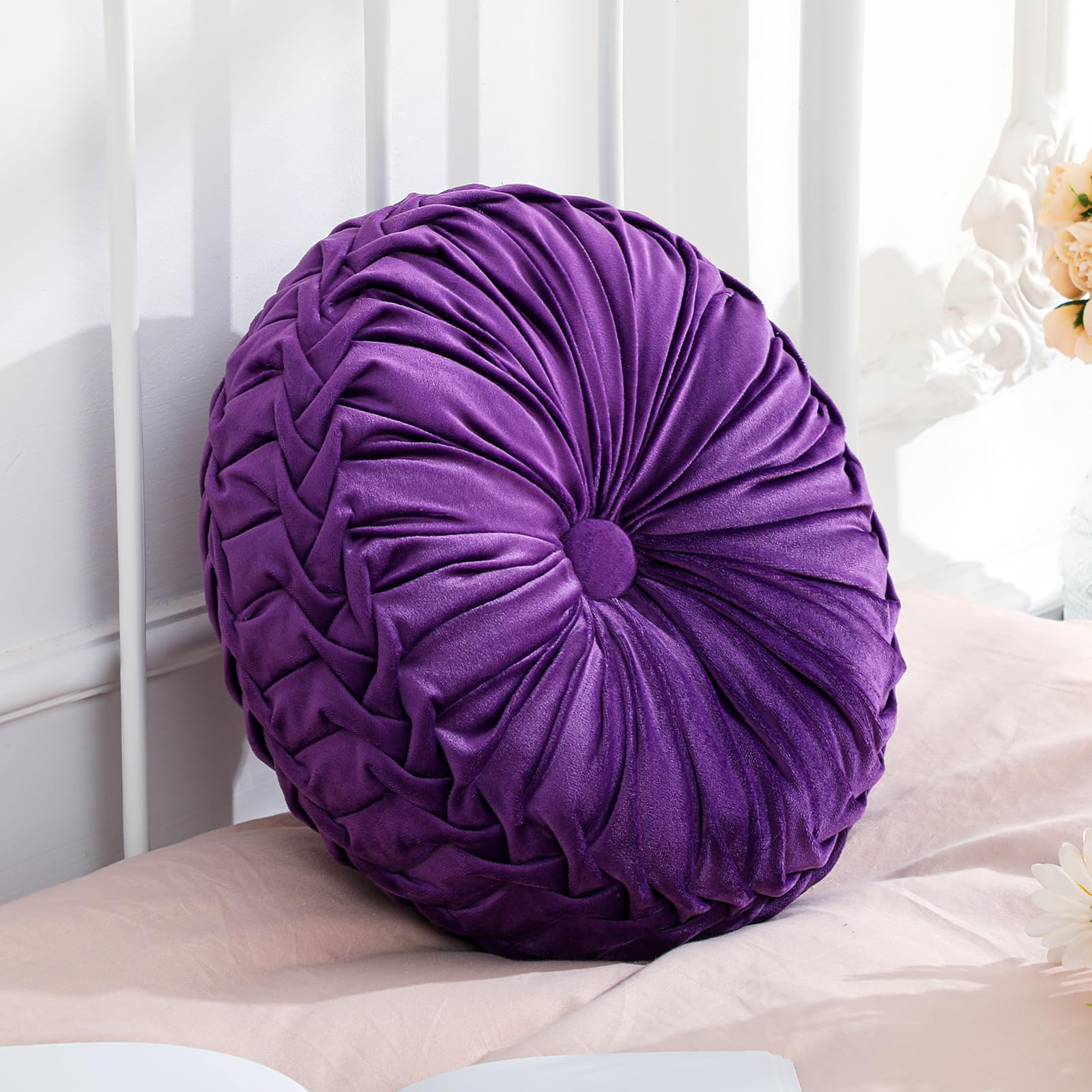 Drydiet 1 Pcs Round Throw Velvet Pillows Decorative Pleated Throw Pillows 15'' Diameter Accent Pumpkin Boho Chair Cushion for Couch Sofa Home Decoration (Olive Green)