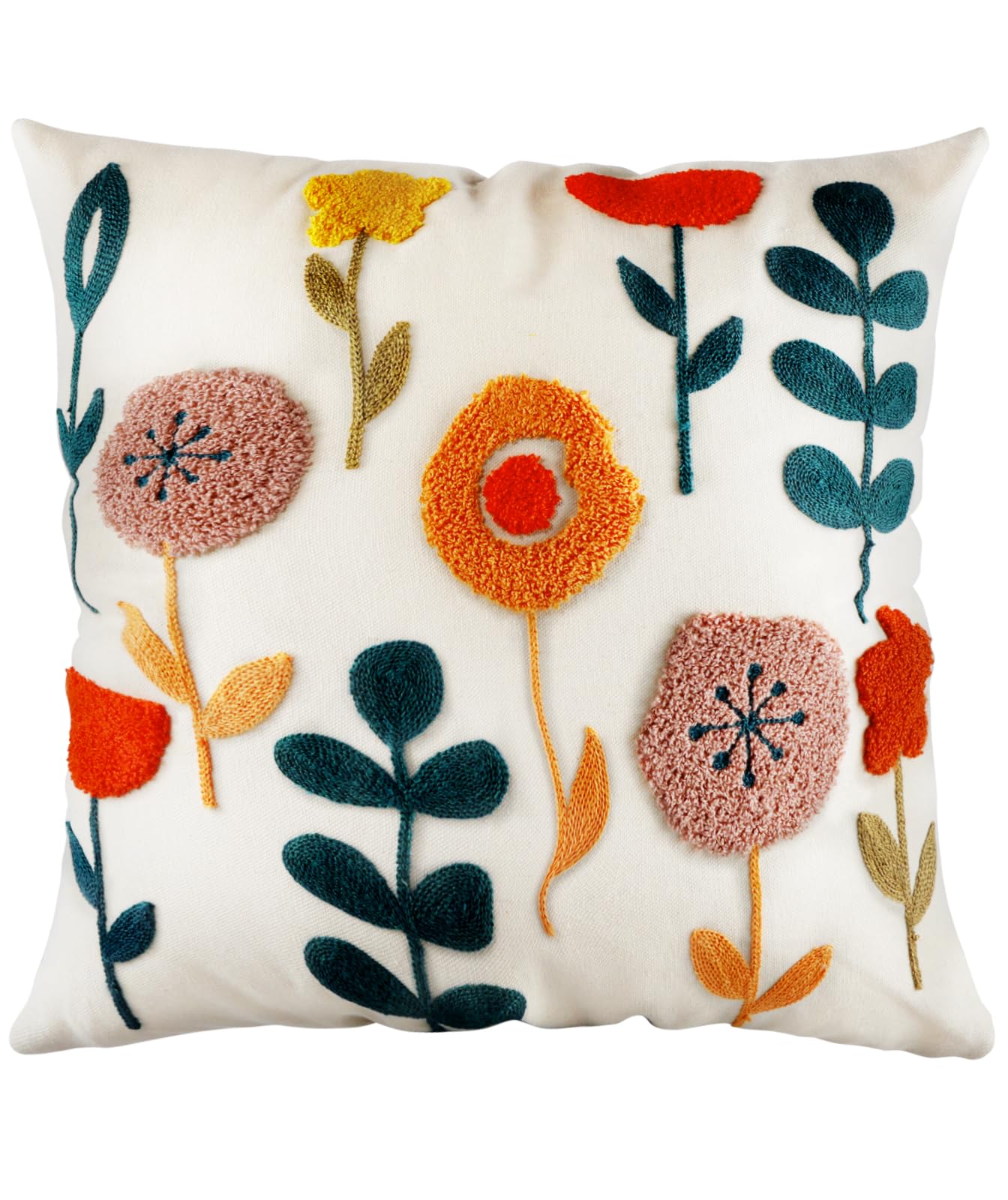 Embroidered Throw Pillow Cover - 18x18 Decorative Pillow Cover with Zipper Aesthetic Cute Design Boho Spring Summer Cozy Throw Pillowcase for Living Room Couch Sofa Bed, White Daisy