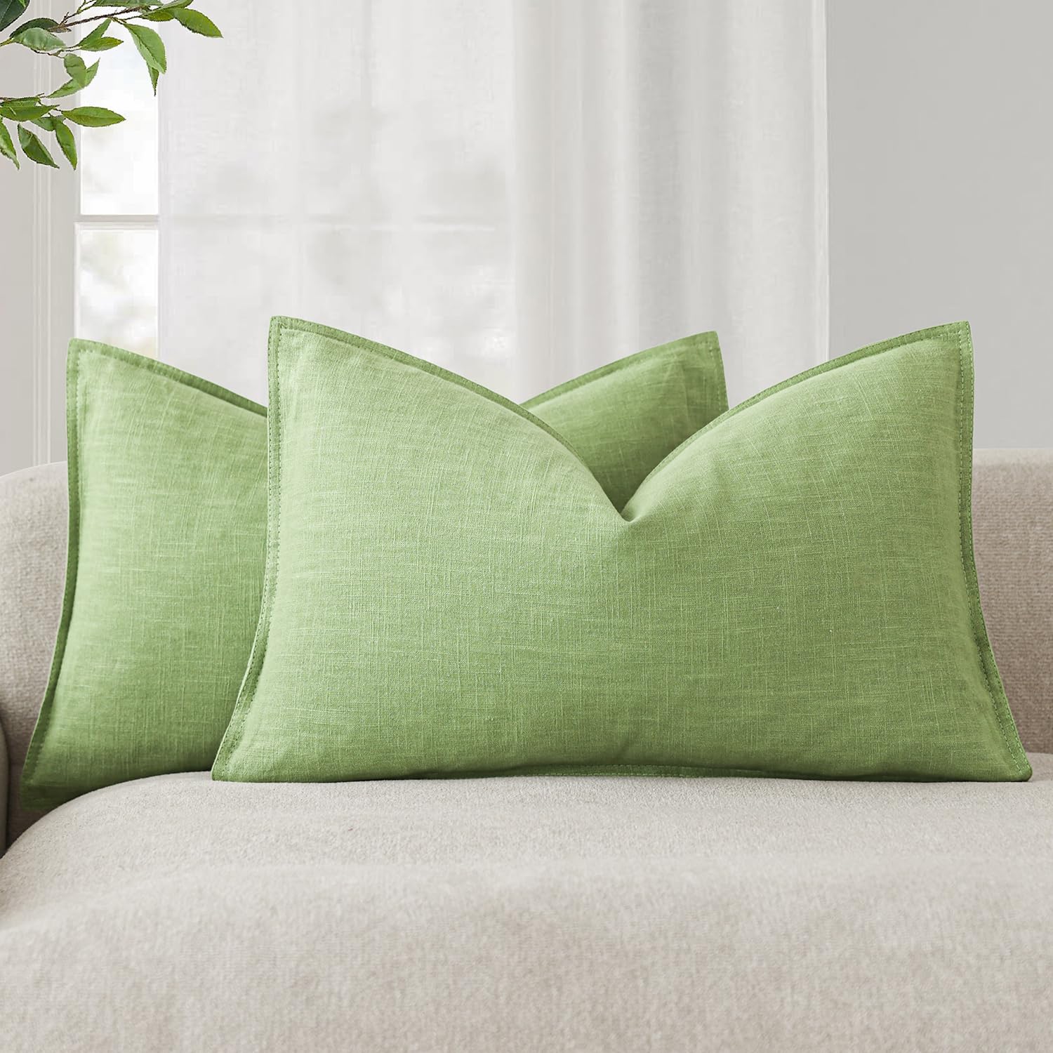 Foindtower Set of 2, Decorative Linen Soild Throw Pillow Covers Soft Accent Cushion Euro Case Boho Farmhouse Pillowcase for Chair Couch Sofa Bedroom Living Room Home Decor 20 x 20 Inch Natural Linen