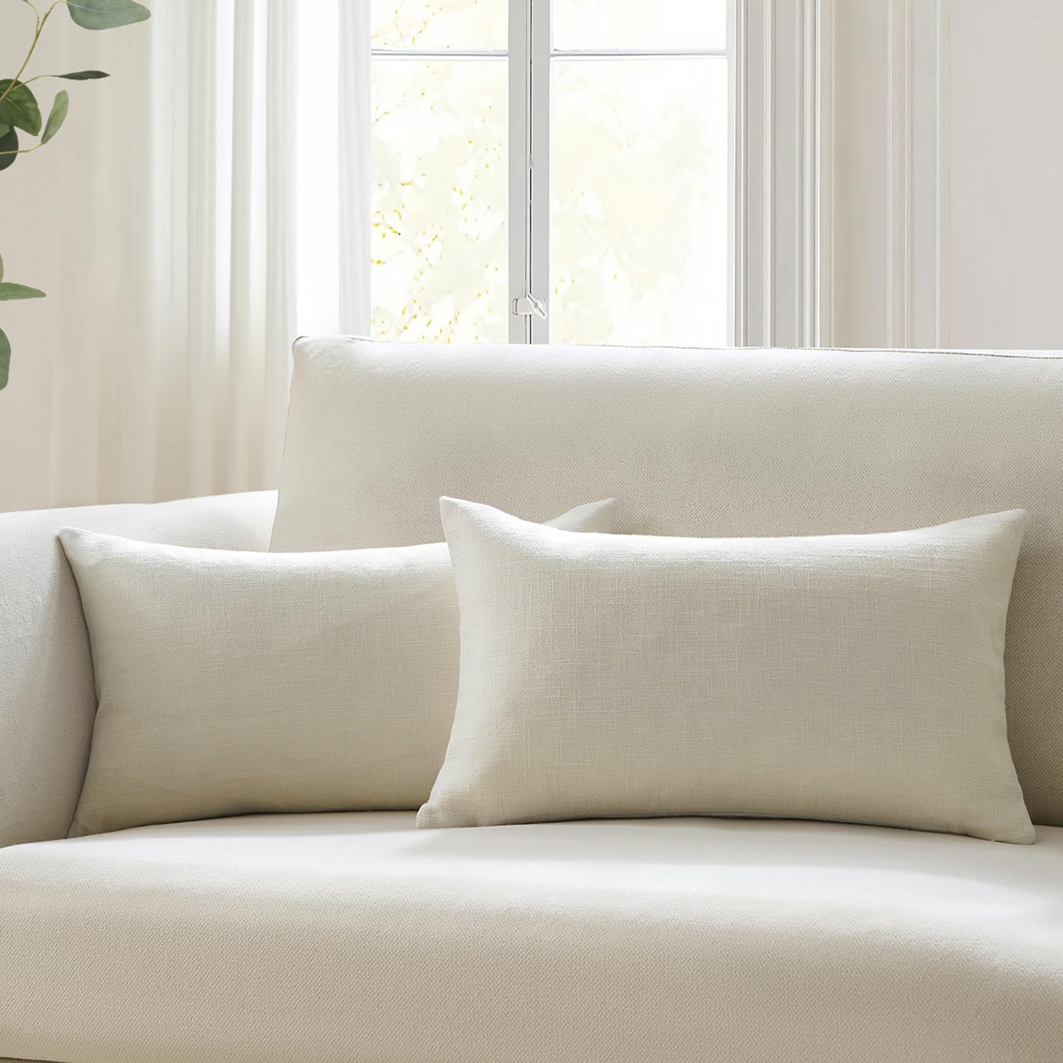 Meekio Set of 2 Ivory Throw Pillow Covers 22x22, Modern Farmhouse Linen Blend Decorative Pillow Covers for Couch Sofa Bed, Neutral Home Decor