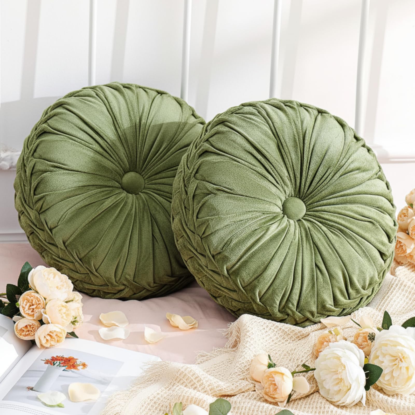 Drydiet 1 Pcs Round Throw Velvet Pillows Decorative Pleated Throw Pillows 15'' Diameter Accent Pumpkin Boho Chair Cushion for Couch Sofa Home Decoration (Olive Green)