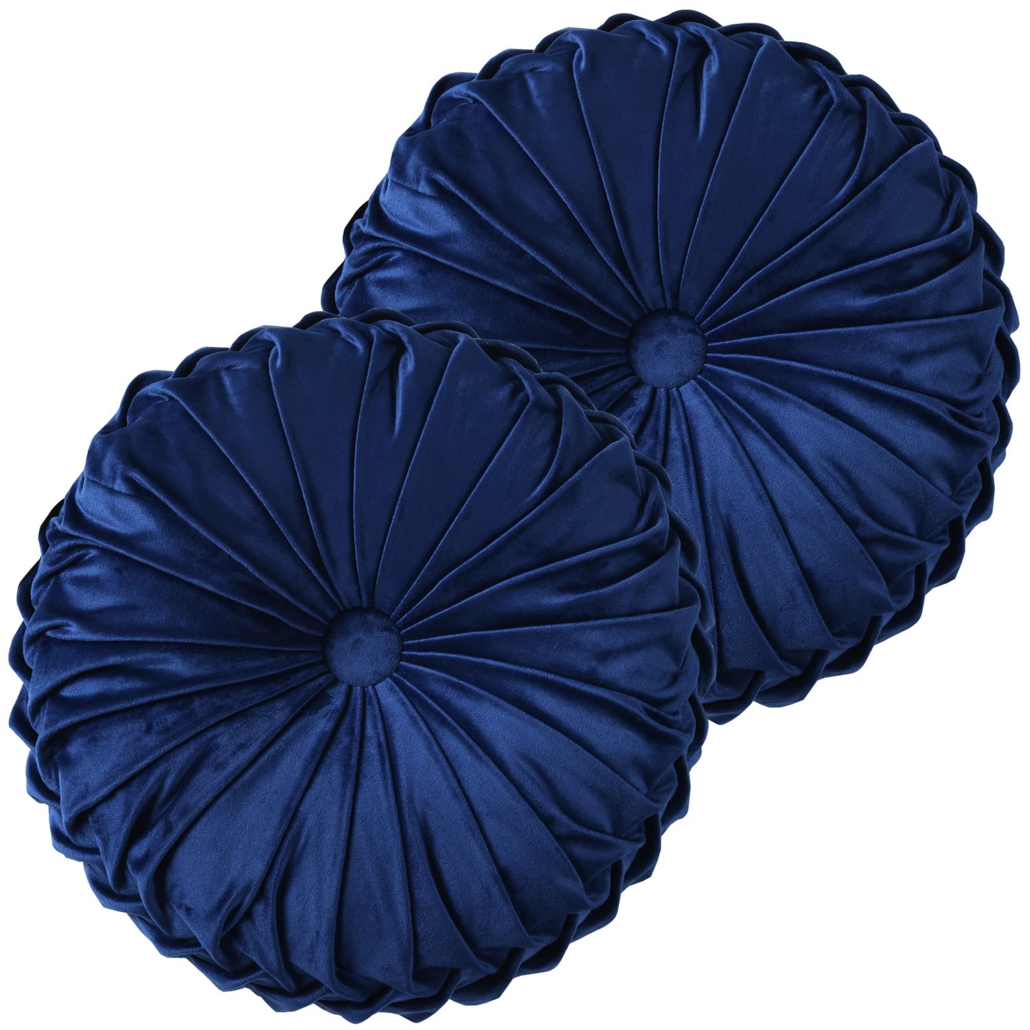 HIG Set of 2 Decorative Round Pleated Throw Pillows, Classy Accent Pumpkin Throw Pillows with Center Button, Vintage Velvet Floor Pillows for Sofa Couch Vanity Chair Bed, Olive, 14.5" Diameter(Ripple)