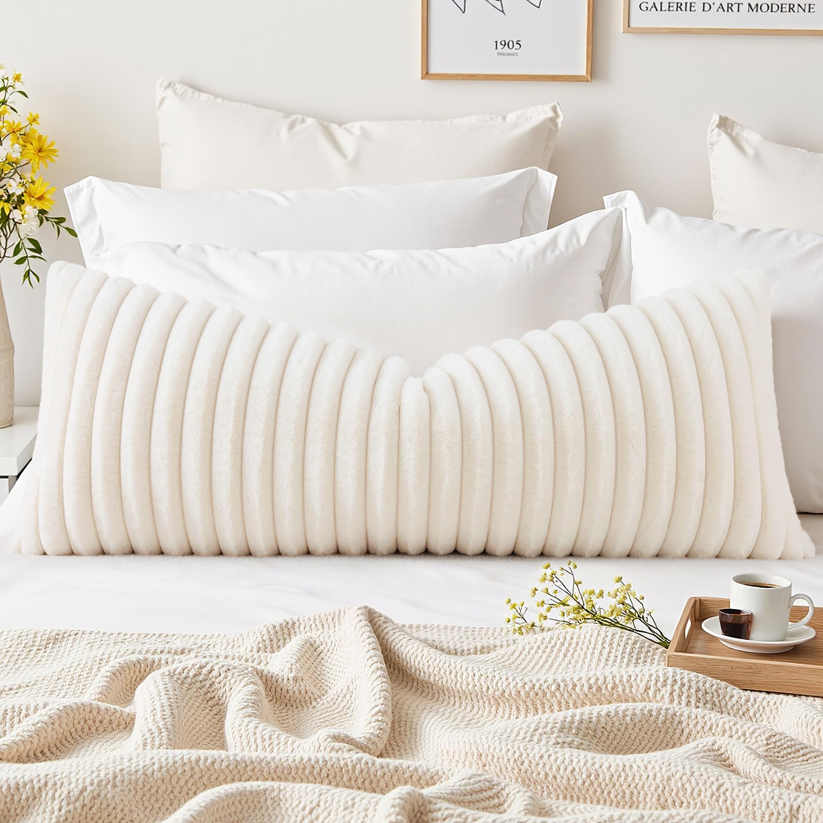 decorUhome Summer Cozy Faux Fur Throw Pillow Covers 18x18 Set of 2 Decorative Soft Plush Striped Modern Farmhouse Boho Couch Pillow Cases with Velvet Back for Sofa Bed Living Room, Cream White