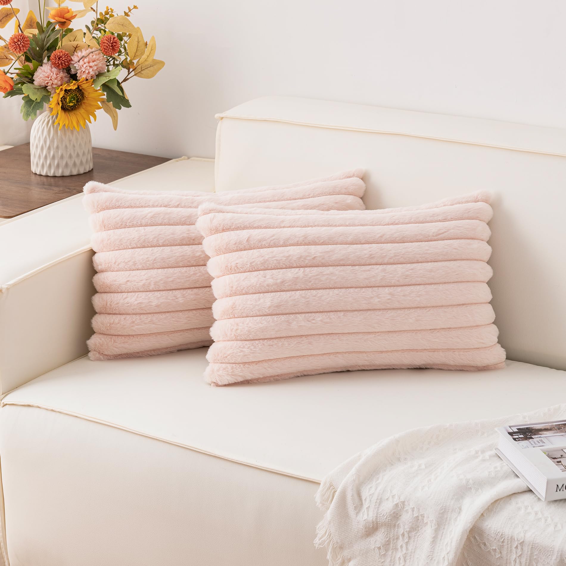 Aegero Pack of 2 Faux Fur Christmas Throw Pillow Covers 18x18 Inch, Soft Plush Striped Neutral Couch Pillow Cover, with Velvet Back Modern Home Decor for Sofa Living Room Couch Bed Cream White