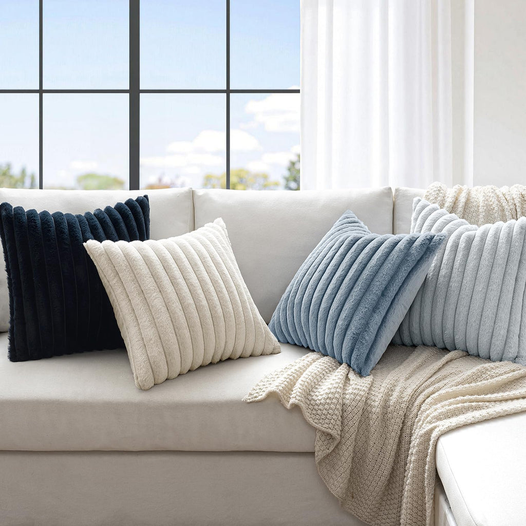 MIULEE Faux Fur Plush Decorative Throw Pillow Covers 18x18 Set of 4, Summer Modern Soft Fuzzy Coastal Striped Cushion Covers for Sofa Couch Bed Living Room Cozy Home Decor,Navy Blue