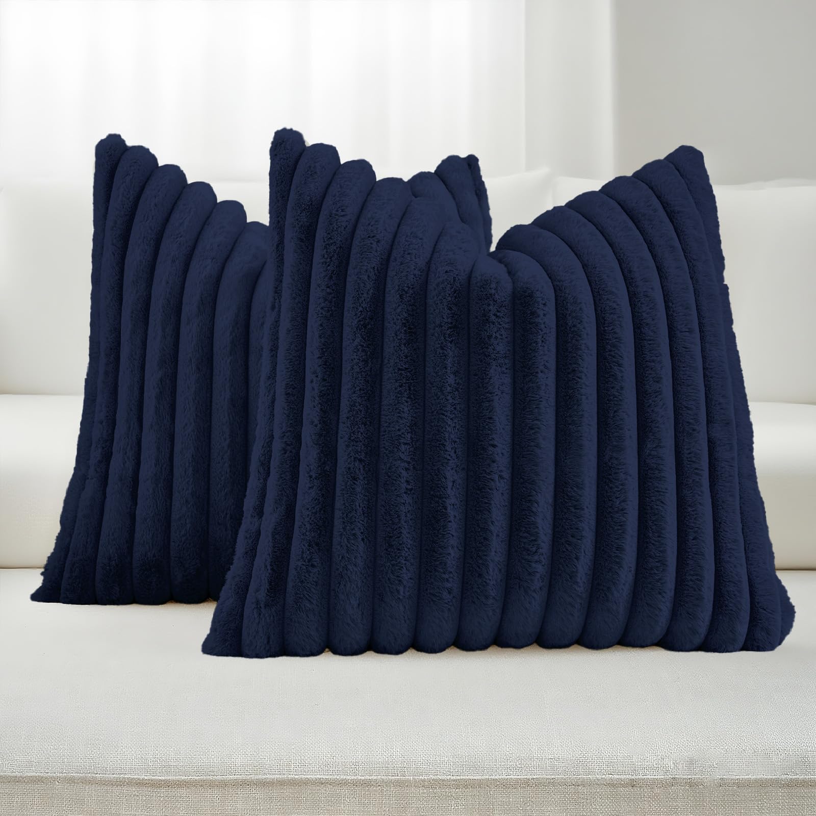 FUTEI Pack of 2 Solid Faux Fur Plush Throw Pillow Covers 18x18 Inch Soft Fluffy Striped Decorative Cushion Cases Modern Farmhouse Accent for Couch Bed Living Room, Cream White