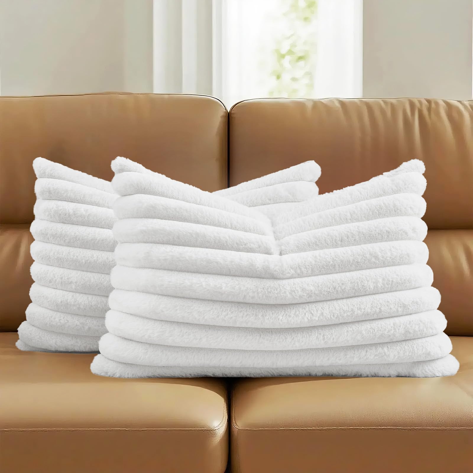 FUTEI Pack of 2 Solid Faux Fur Plush Throw Pillow Covers 18x18 Inch Soft Fluffy Striped Decorative Cushion Cases Modern Farmhouse Accent for Couch Bed Living Room, Cream White