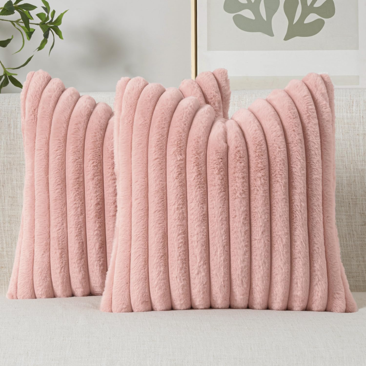 MIULEE Faux Fur Decorative Throw Pillow Covers 18x18 Inch Set of 2, Modern Spring Home Decor Soft Plush Couch Pillows Cozy Fluffy Cushion Covers for Sofa Bed Beige