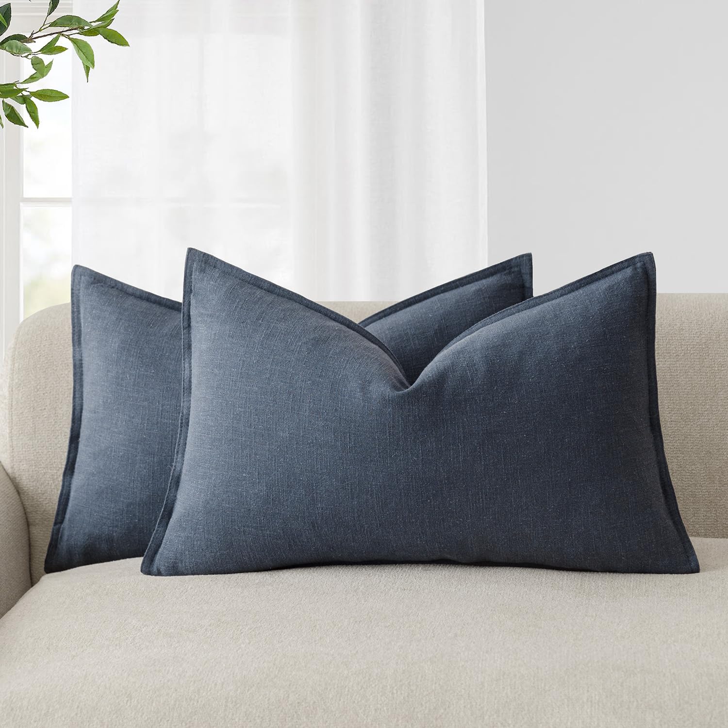 Foindtower Set of 2, Decorative Linen Soild Throw Pillow Covers Soft Accent Cushion Euro Case Boho Farmhouse Pillowcase for Chair Couch Sofa Bedroom Living Room Home Decor 20 x 20 Inch Natural Linen